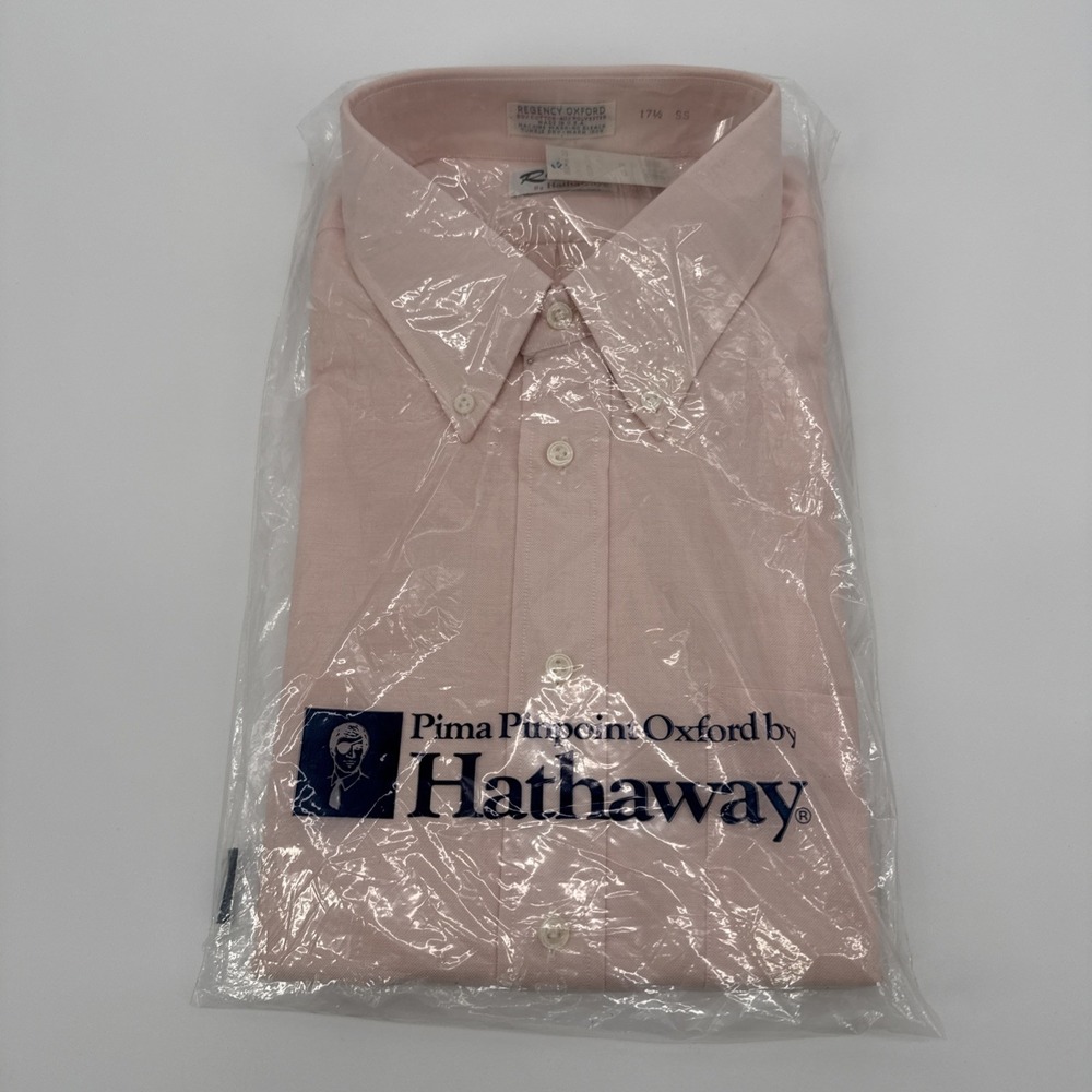 VTG Hathaway Pima Pinpoint Oxford Button Down Shirt 17.5 35 Made In USA SS Pink